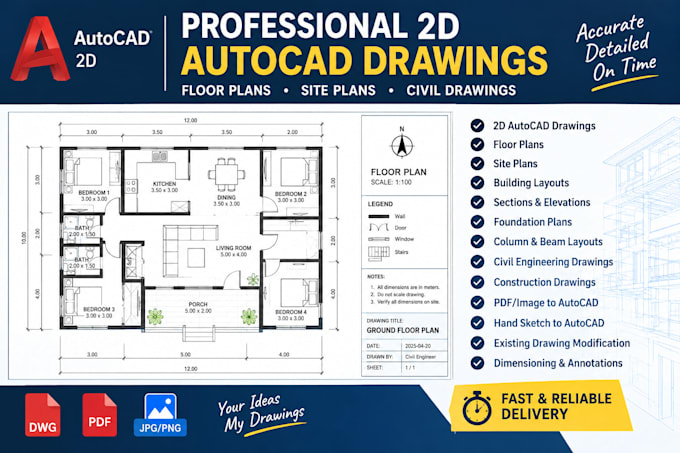 create professional 2d autocad drawings and floor plans