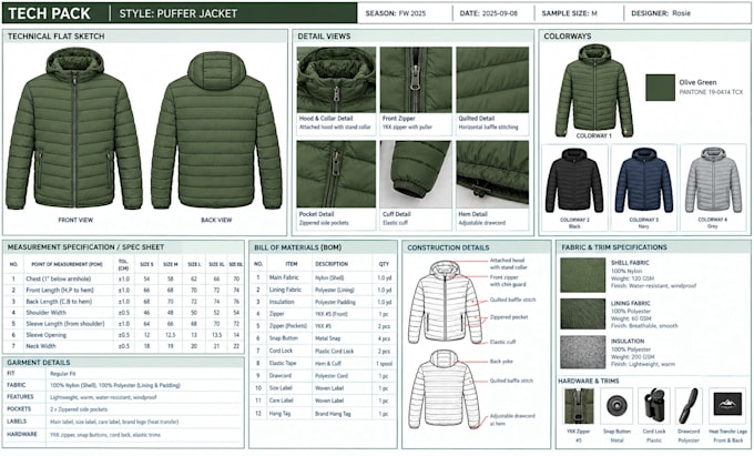 create puffer jacket tech pack, varsity jacket, bomber, moto jacket for you