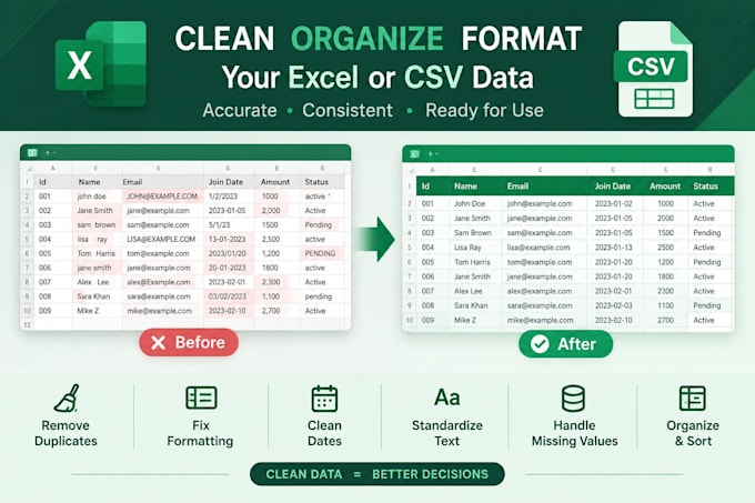 clean format and organize excel or CSV data