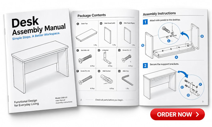 create product instruction manual with technical illustrations and assembly step