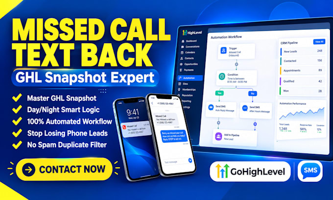 setup gohighlevel missed call text back snapshot crm workflows sms automation