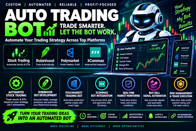 develop an auto trade stock trading bot, robinhood bot, polymarket bot, 3commas