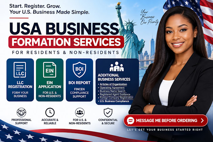 do US llc registration, ein application, dba filing, boi report for non resident