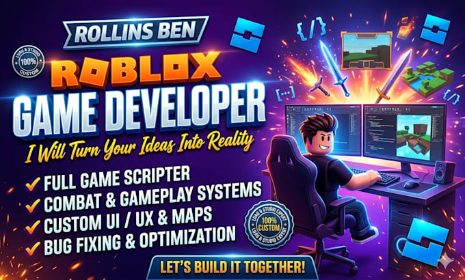 create roblox vfx, roblox ui design, map building,  roblox full game creation