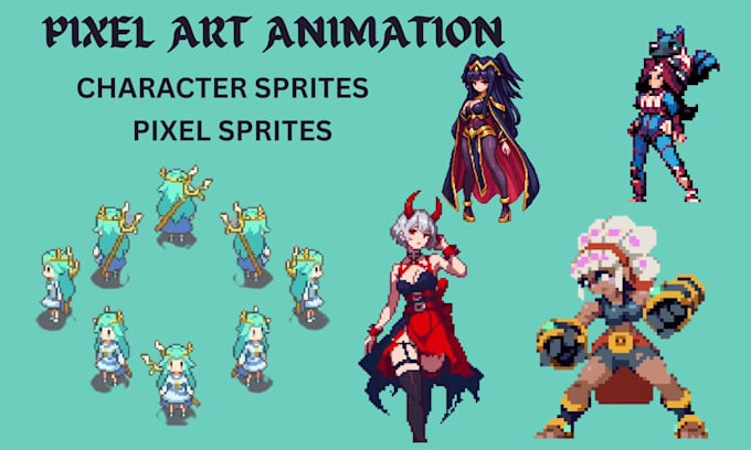 do pixel art animation, pixel art sprite sheet, pixel character for game assets