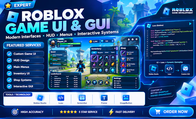 build roblox studio scripts, luau automation, game ui gui and game testing tools