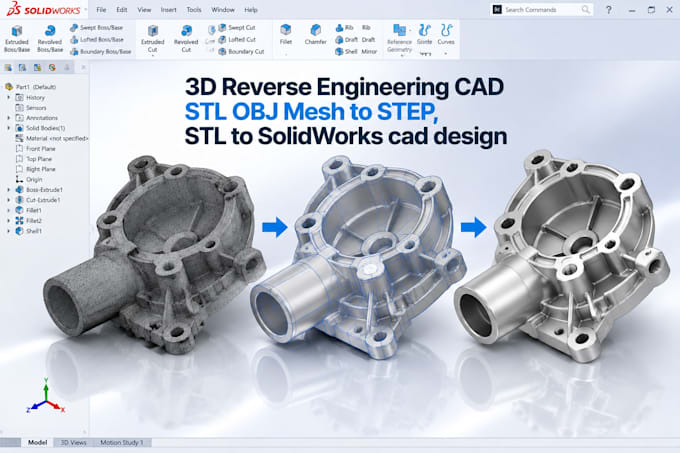 do 3d reverse engineering cad stl obj mesh to step, stl to solidworks cad design