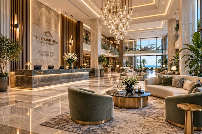 design hotel resort spa lobby suite interior 3d rendering
