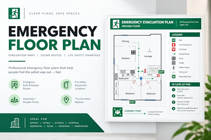 design fire emergency evacuation map, diagram for your floor plan