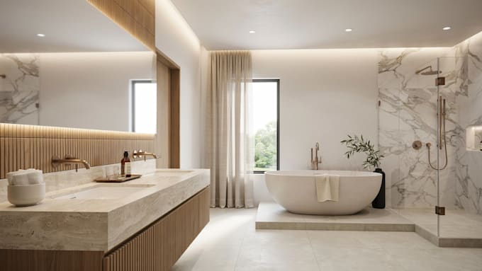 design bathroom interior, bathroom design, floor plan and realistic 3d rendering