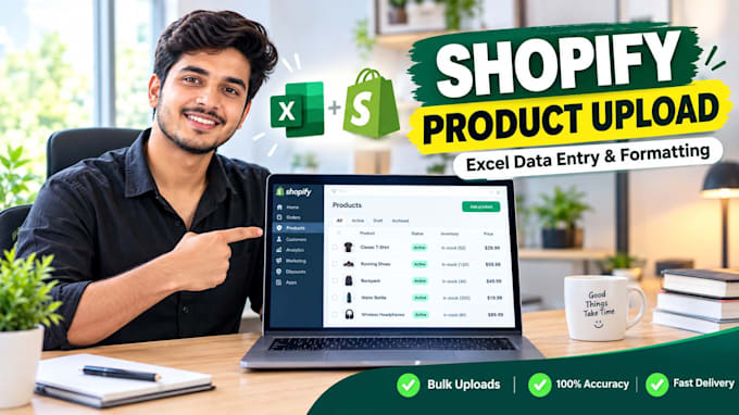 do shopify data entry, bulk product upload, and excel formatting