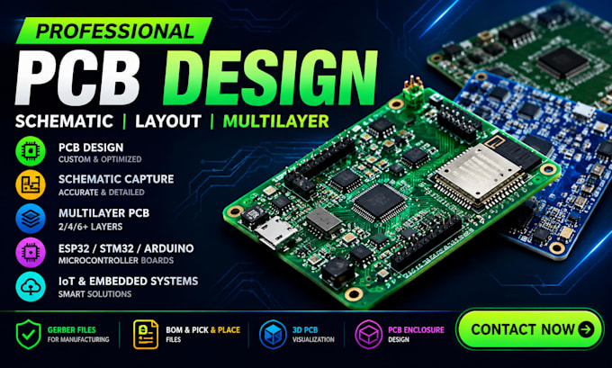 pcb design, multilayer pcb layout, schematic, iot, esp32, stm32, rf and led pcb