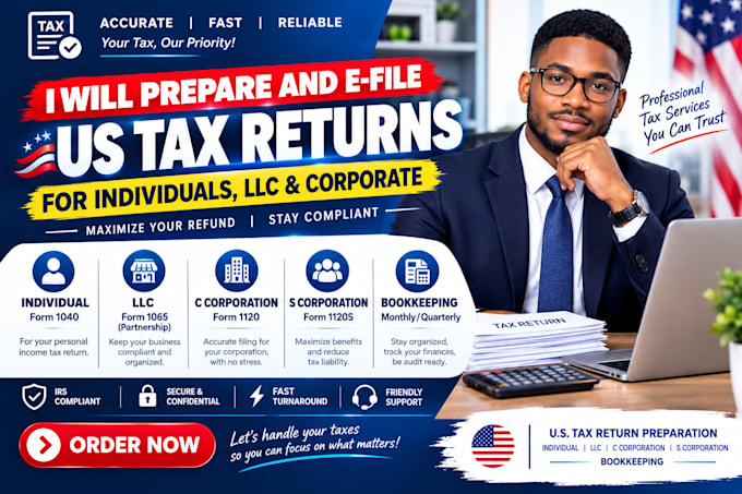 prepare and e file US tax returns for personal, llc, c corp, s corp, bookkeeping