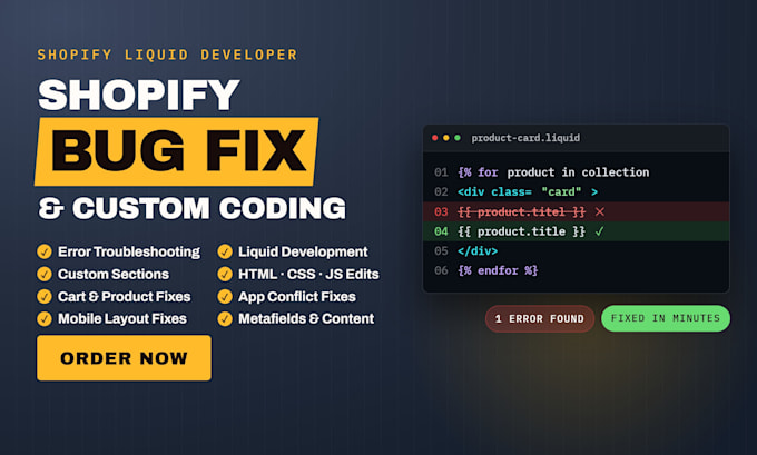 codefix shopify bug fix, shopify custom coding, shopify liquid developer expert
