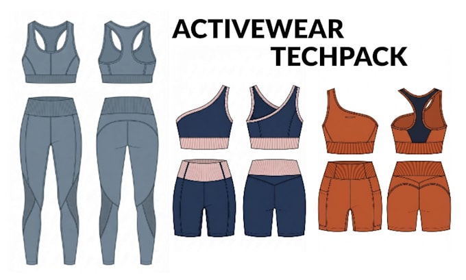 design fashion tech pack for activewear, sportswear and technical flat sketches