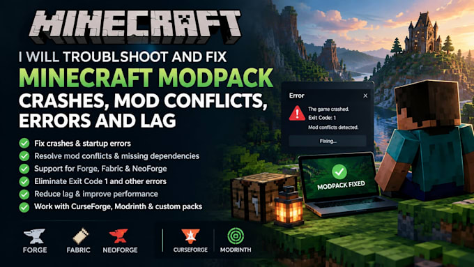 troubleshoot and fix minecraft modpack crashes, mod conflicts, errors and lag