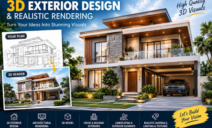 draw 3d exterior design architectural rendering house facade realistic 3d model