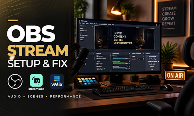 setup or fix obs studio, streamlabs and vmix for professional live streaming