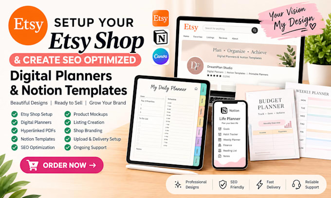 create etsy digital planners, notion templates and printable products