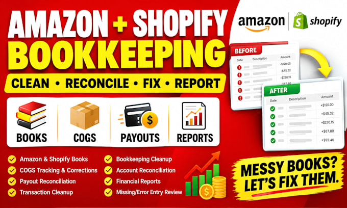 fix amazon shopify books, cogs, payouts, cleanup, reconciliation, reports
