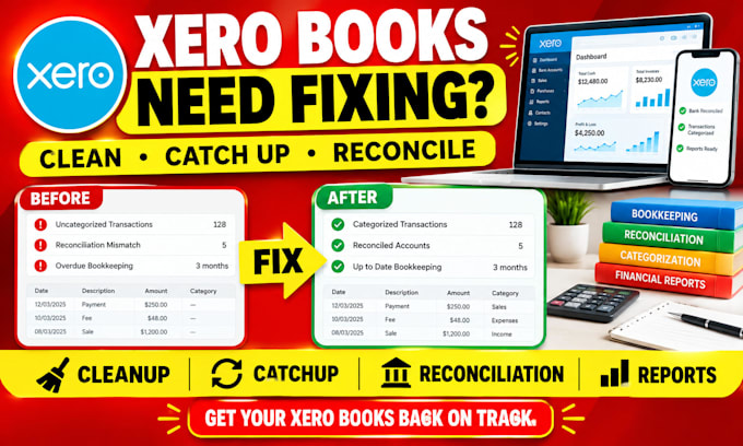 fix xero books, cleanup, catchup, reconciliation, categorization, reports