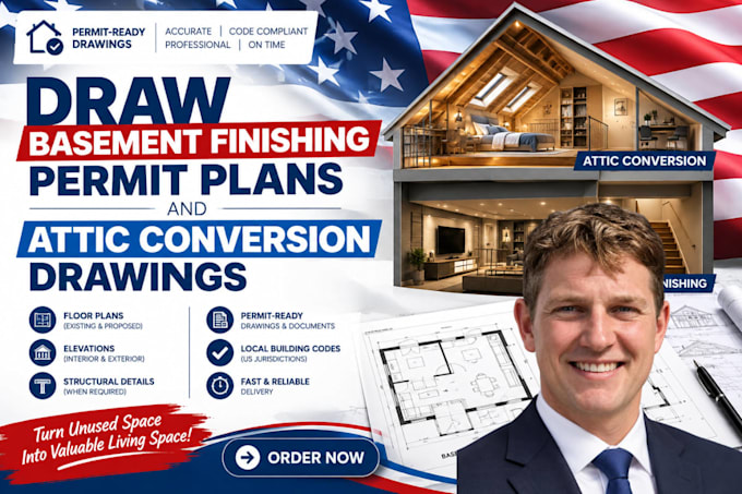 draw basement finishing permit plans and attic conversion drawings