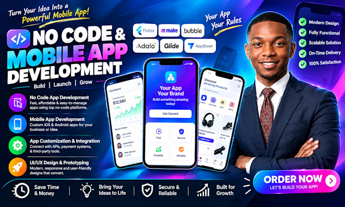 build bubble io no code app glide adalo flutterflow flutter mobile app developer