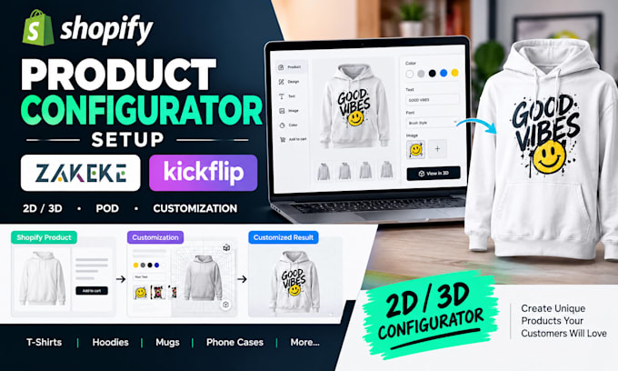 setup shopify zakeke kickflip 2d 3d product configurator for pod