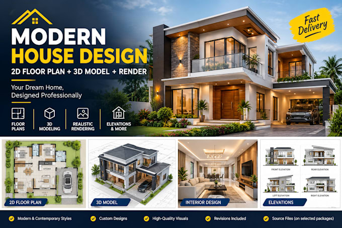 design a modern house plan, 3d model and realistic architectural rendering