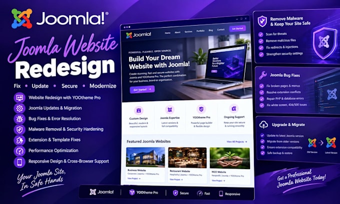 redesign joomla website using yootheme pro,bug fix,update and fix malware issues