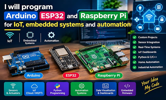 program arduino, esp32 and raspberry pi for iot ,embedded systems and automation