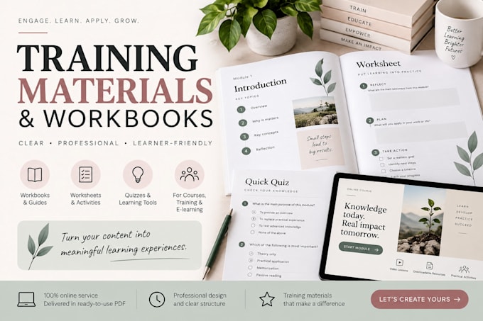 create workbooks, worksheets and training materials