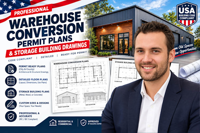 draw warehouse conversion permit plans and storage building drawings