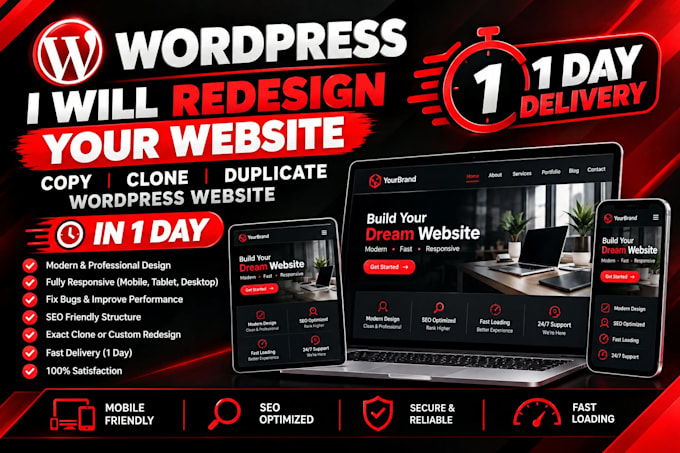redesign copy clone duplicate wordpress website with 1 day