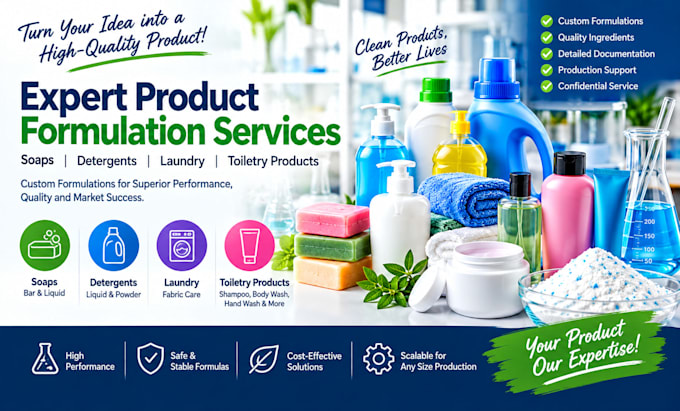 develop a product formulation of soaps, detergents, laundry or toiletry products