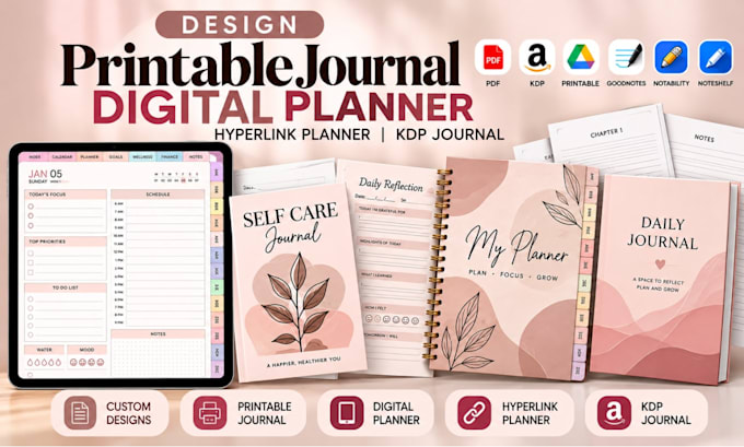 design printable journal, digital planner, hyperlink planner, kdp journal