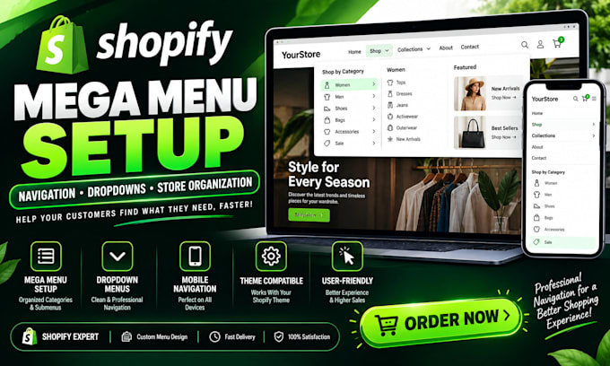 setup shopify mega menu, dropdown navigation and store menus professionally