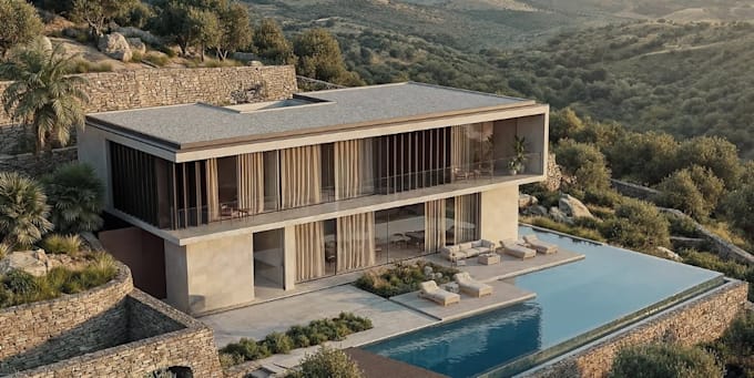 redesign apartment exterior, architectural facade render, penthouse rooftop