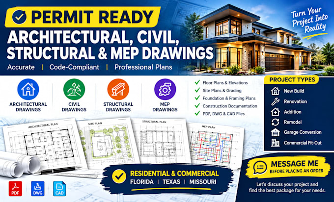 create architectural civil and structural engineering mep drawings in tx, fl, mo