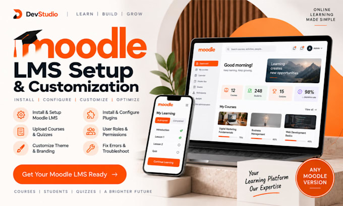 install moodle lms, setup courses, upload quiz, customize theme, fix moodle
