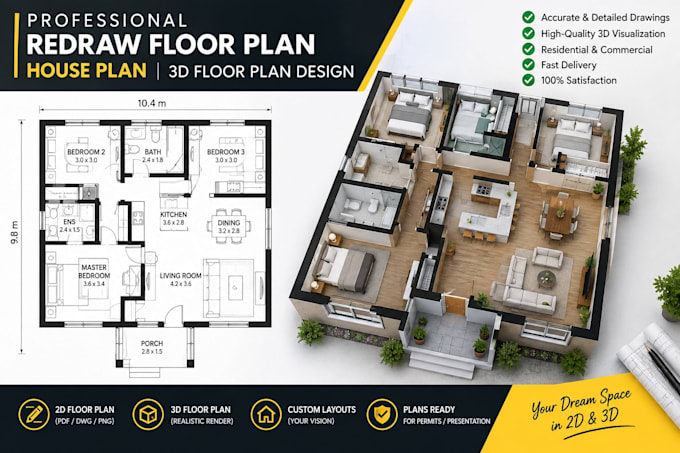 professional draw floor plan, redraw house plan 3d floor plan design