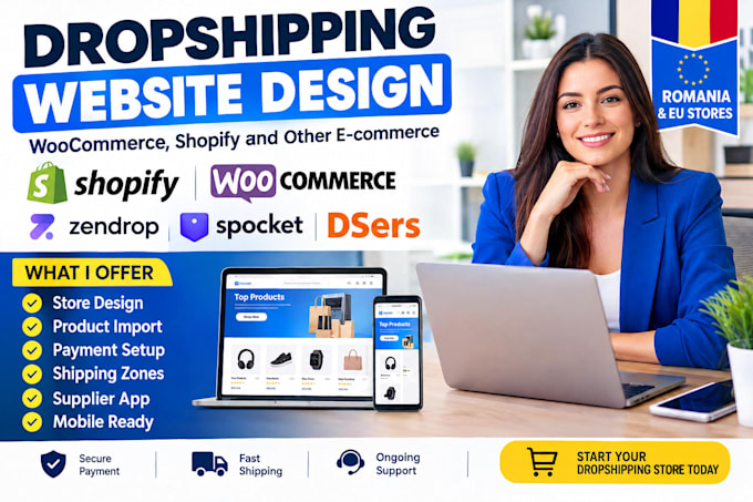 setup shopify, woocommerce romania dropshipping store with zendrop spocket dsers
