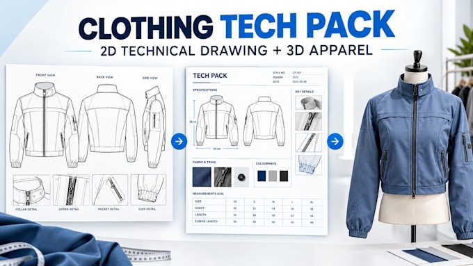 create clothing tech pack, 2d technical drawing and 3d apparel design