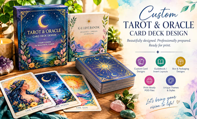 design a print ready tarot or oracle card deck for pod