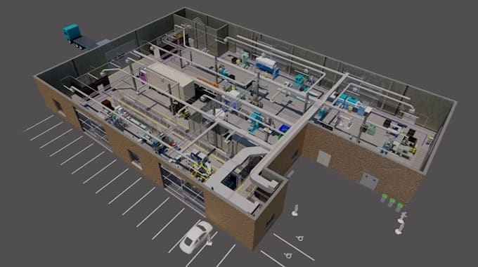 remodel 3d logistic warehouse, factory layout,industrial space render, revit bim