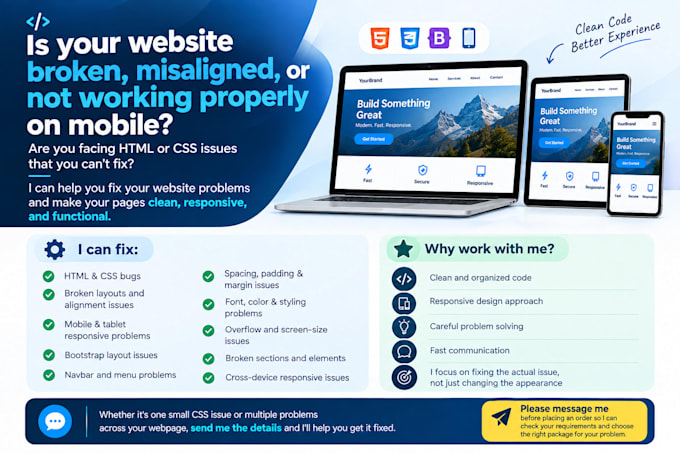 repair broken HTML CSS pages and layouts