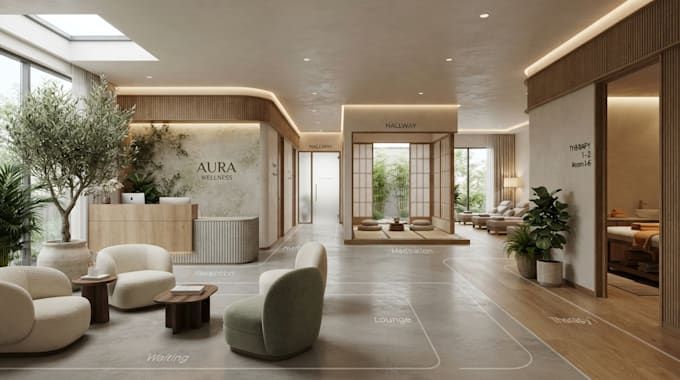 design a wellness center layout, floor plan and 3d