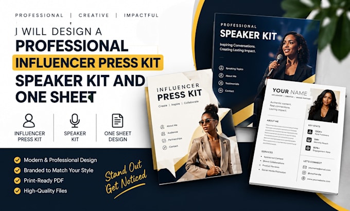 design a professional influencer press kit speaker kit and one sheet