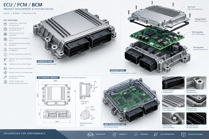 create custom 3d cad, prototyping and ecu, pcb, bcm housing design