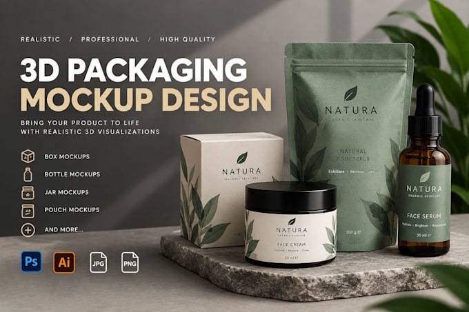 create realistic 3d product packaging mockup and product visualization